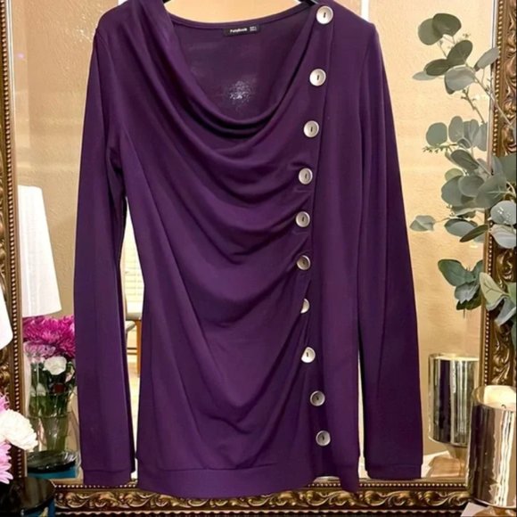 Pretty PattyBoutik Women's Cowl Neck Button Embellished Top (Deep Purple L) - Picture 6 of 7